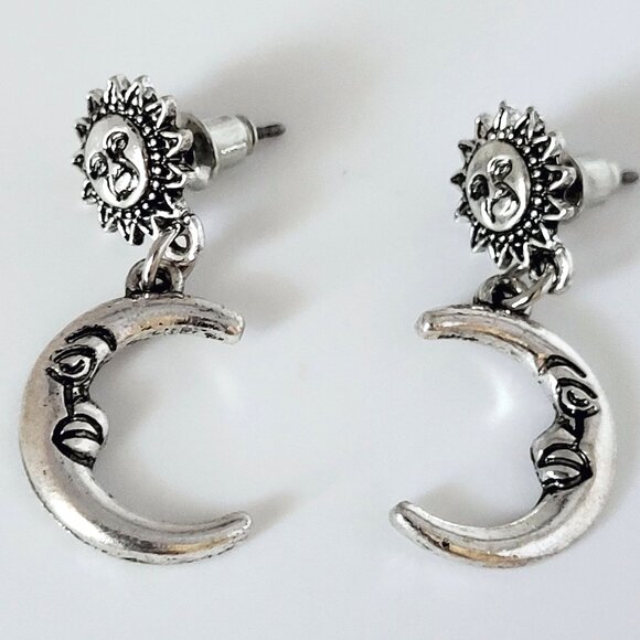Sun & Moon Celestial Dangle Drop Post Earrings Silver Tone 1.25" Drop - Picture 1 of 5